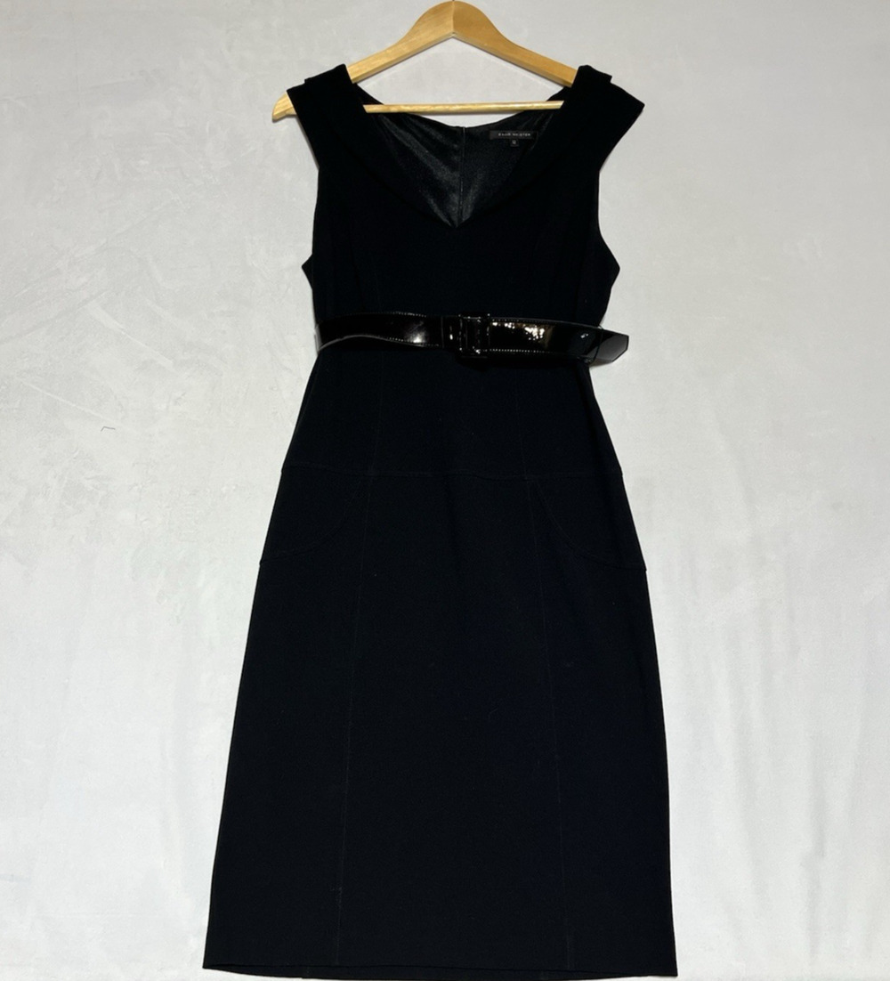 David Meister Pencil Dress 12 Black Belted Shawl Collar Career Evening USA